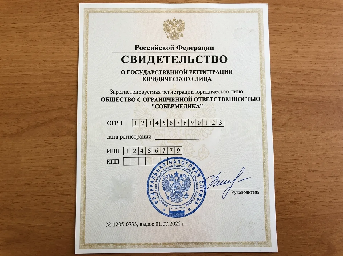 Свидетельство о государственной регистрации юридического лица ООО СоберМедика, официальный документ